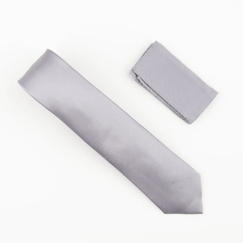 Classic men's tie with subtle design-Silver Satin Finish Silk Extra Long Necktie with Matching Pocket Square