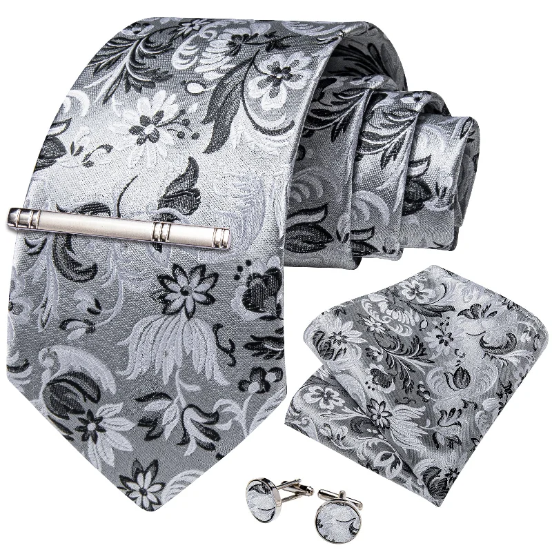 Men's tie with intricate checks for business wear-Silver White Black Floral Men's Tie Handkerchief Cufflinks Clip Set