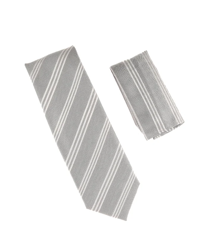 Men's tie with fine detailing for luxury occasions-Silver & White Stripped Extra Long Silk Tie With Matching Pocket Square