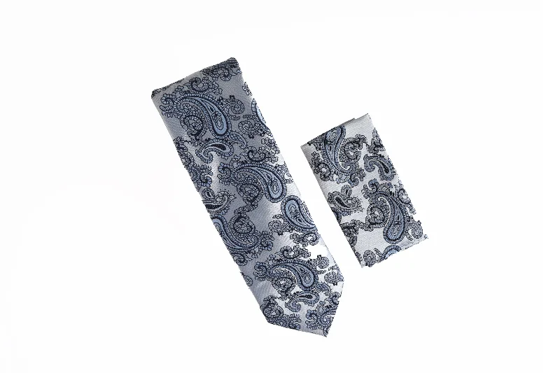 Men's tie with modern houndstooth pattern-Silver With Baby Blue and Navy Paisley Designed Tie With Matching Pocket Square WTHXL-849