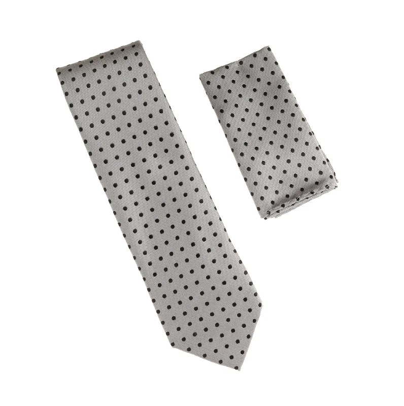 Classic silk tie for men's formal events-Silver with Black Dot Silk Tie With Matching Pocket Square