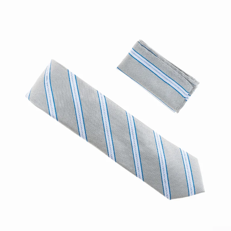 Stylish men's tie with floral accents-Silver With Blue, Silver and White Striped Extra Long Necktie With Matching Pocket Square