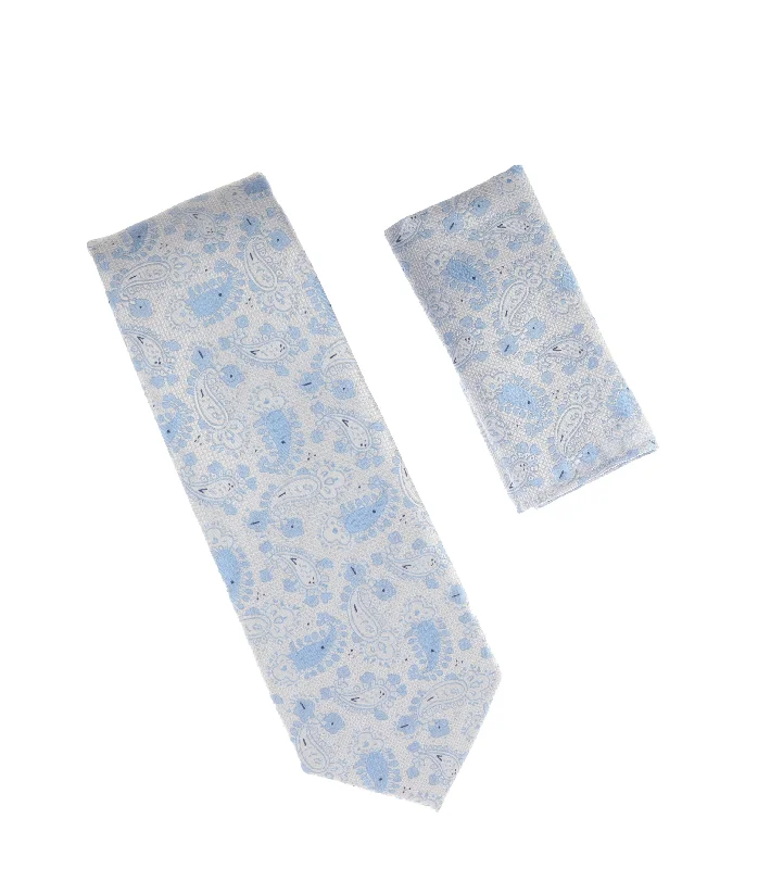 Men's tie with bold accents for formal meetings-Silver & Sky Blue Paisley Silk Extra Long Tie With Matching Pocket Square