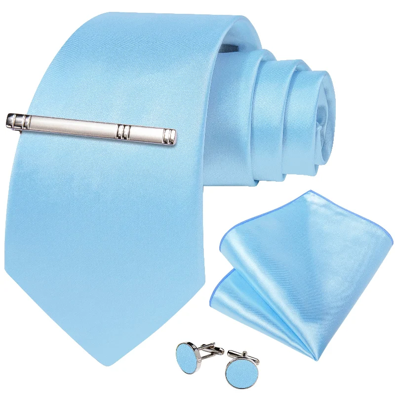 Stylish men's tie with subtle plaid pattern-Sky Blue Solid Men's Tie Handkerchief Cufflinks Clip Set