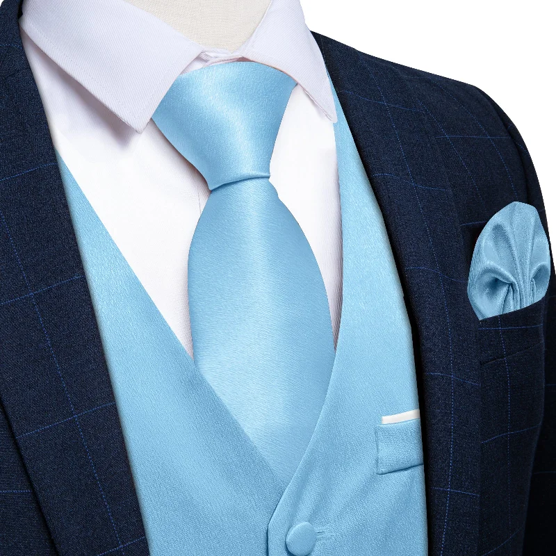 Men's tie for a winter corporate look-Sky Blue Solid Satin Waistcoat Vest Tie Handkerchief Cufflinks Set