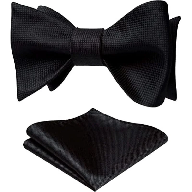 Men's tie for upscale dinner events-Solid Bow Tie & Pocket Square - C1-BLACK