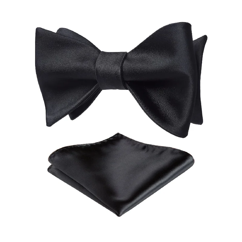 Men's tie for a festive corporate event-Solid Bow Tie & Pocket Square - C3-BLACK