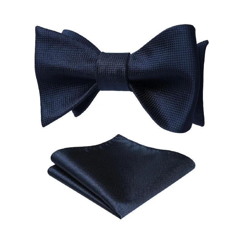 Men's tie with a professional, sleek finish-Solid Bow Tie & Pocket Square - D2-NAVY BLUE