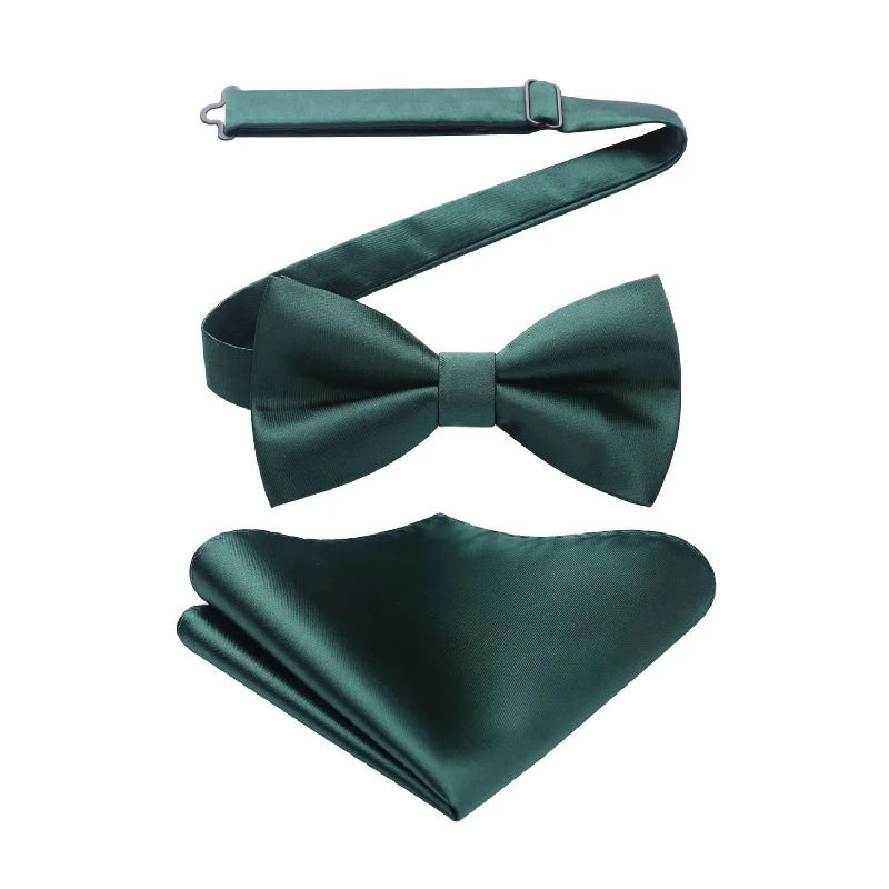 Unique men's tie for a wedding celebration-Solid Pre-Tied Bow Tie & Pocket Square - G-DARK GREEN