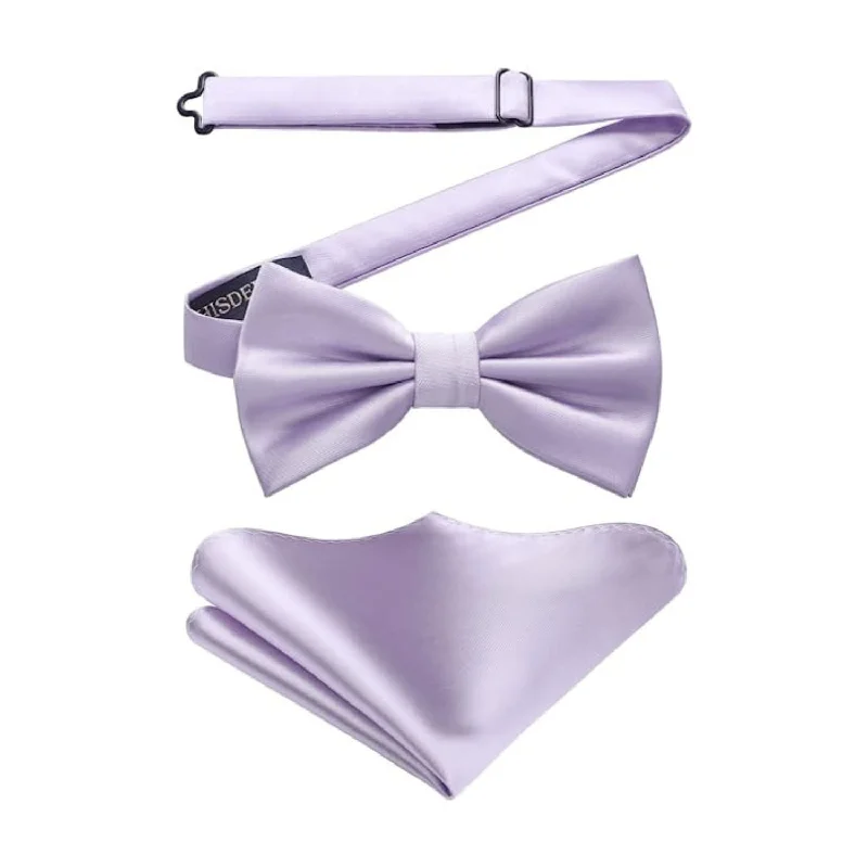 Men's tie for smart-casual office wear-Solid Pre-Tied Bow Tie & Pocket Square - 01-LAVENDER