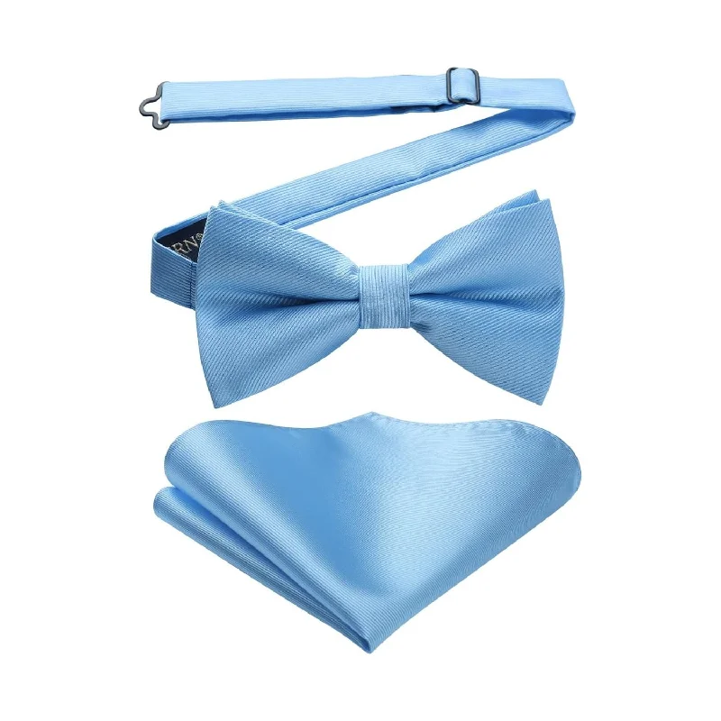 Designer men's tie with sharp stripes-Solid Pre-Tied Bow Tie & Pocket Square - 03-BLUE