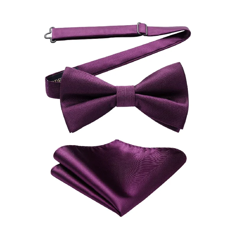 Classic men's tie for a professional business dinner-Solid Pre-Tied Bow Tie & Pocket Square - 09-PURPLE