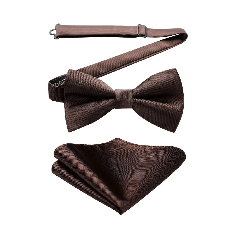 Men's tie for an elegant birthday celebration-Solid Pre-Tied Bow Tie & Pocket Square - A-BROWN