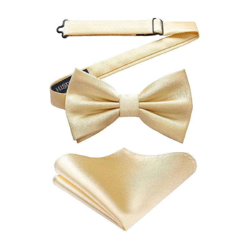 Classic men's tie with fine pinstripes-Solid Pre-Tied Bow Tie & Pocket Square -  A-CHAMPAGNE 2