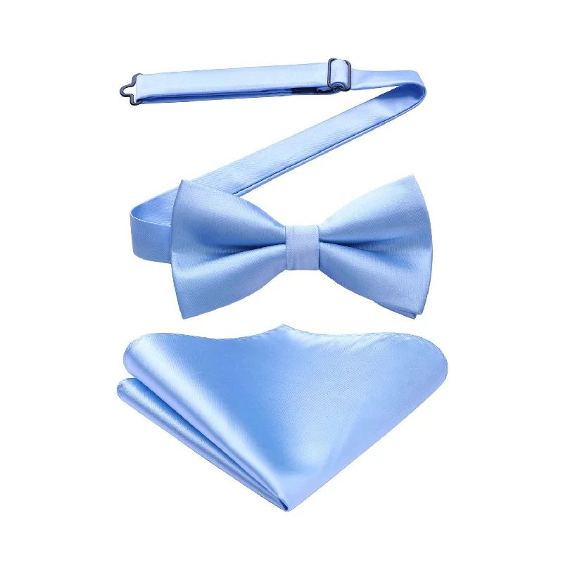 Men's tie with delicate embroidery-Solid Pre-Tied Bow Tie & Pocket Square - BLUE 11