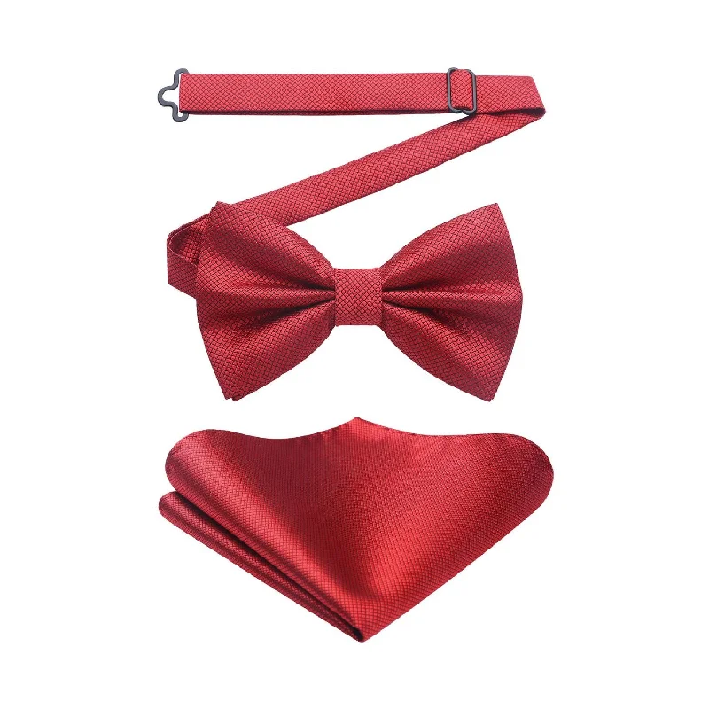 Unique men's tie for a wedding celebration-Solid Pre-Tied Bow Tie & Pocket Square - C-RED 2