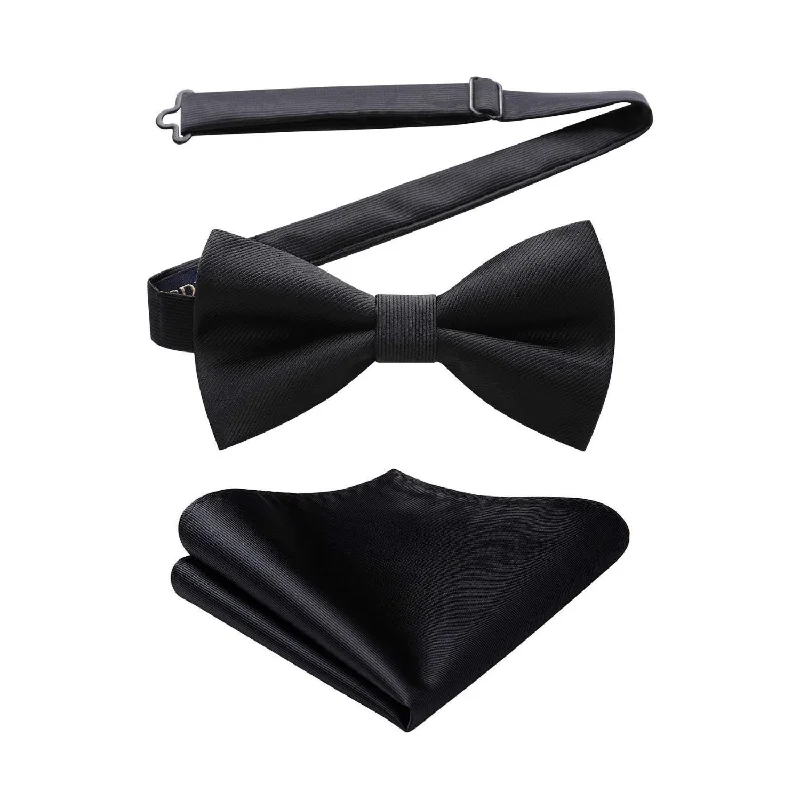 Men's tie for weddings with rich patterns-Solid Pre-Tied Bow Tie & Pocket Square - L-BLACK 1