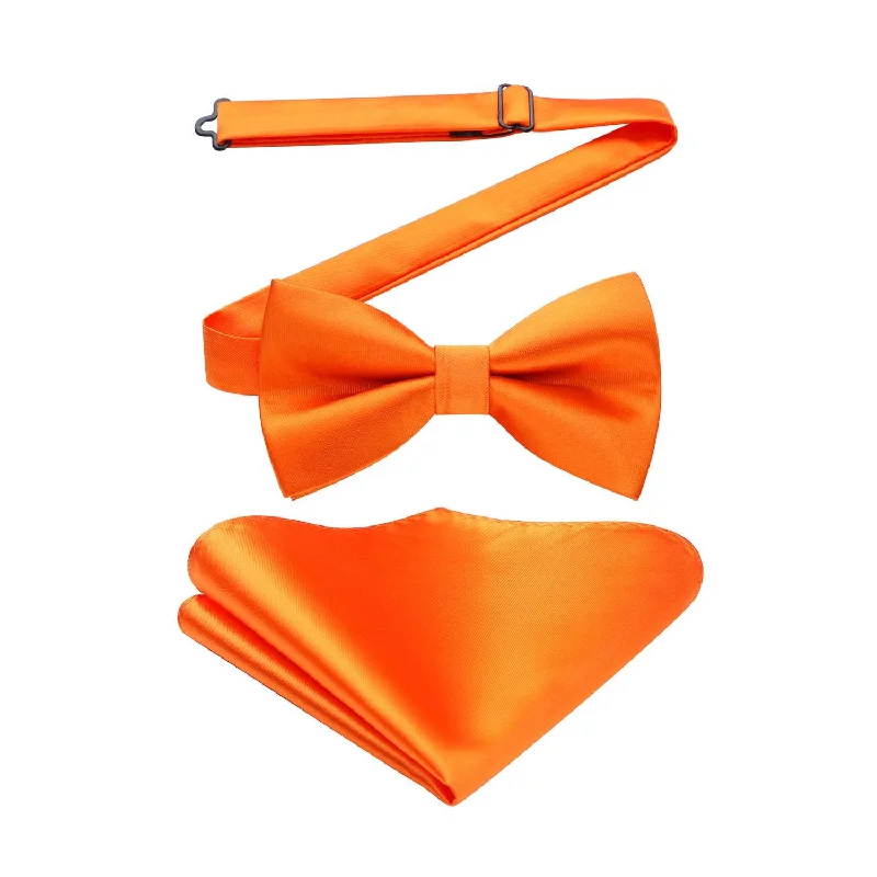 Men's tie for family holiday events-Solid Pre-Tied Bow Tie & Pocket Square - N-BRIGHT ORANGE