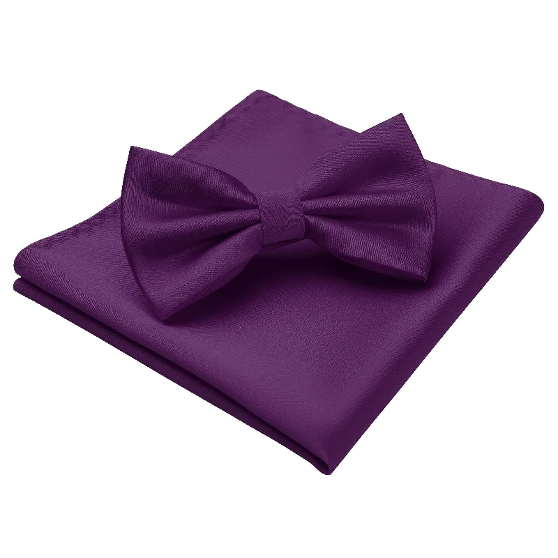 Men's tie with bold accents for formal meetings-Solid Pre-Tied Bow Tie & Pocket Square - P-PURPLE 1