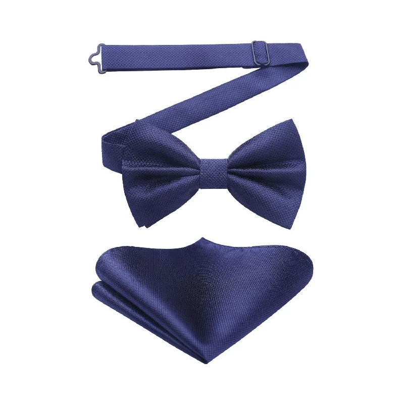 Classic men's tie for a polished, professional appearance-Solid Pre-Tied Bow Tie & Pocket Square - V-NAVY BLUE 3