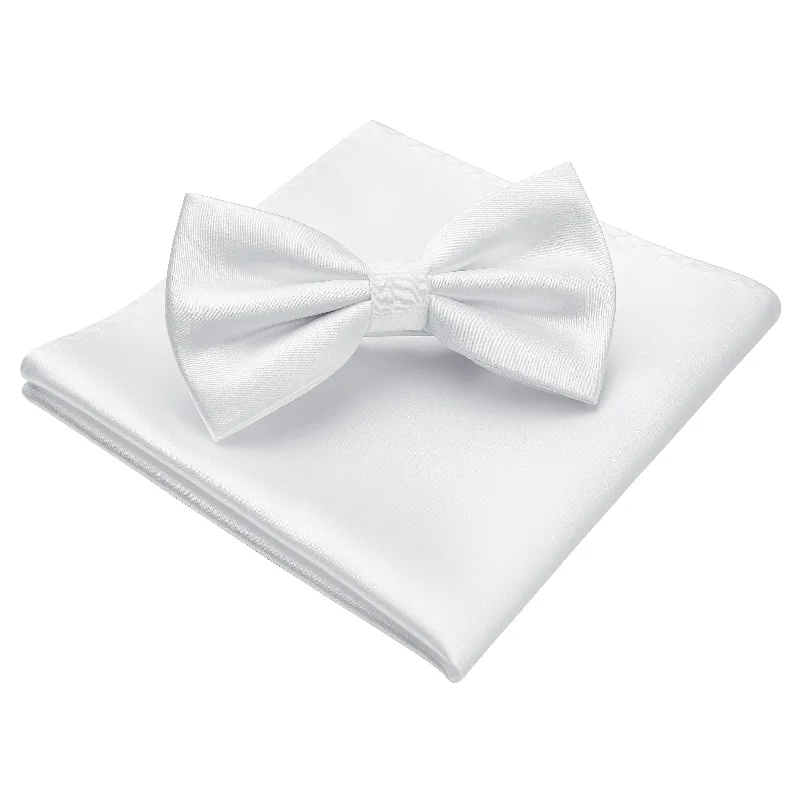 Classic men's tie with subtle design-Solid Pre-Tied Bow Tie & Pocket Square - W-PURE WHITE