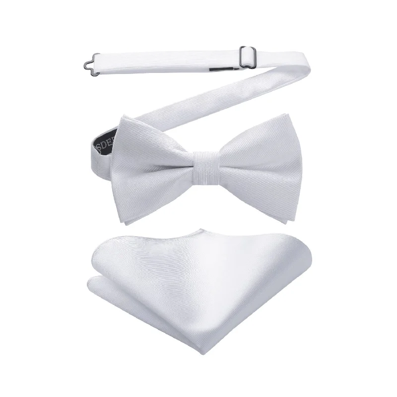 Men's tie with unique patterns for fashion-forward looks-Solid Pre-Tied Bow Tie & Pocket Square - WHITE