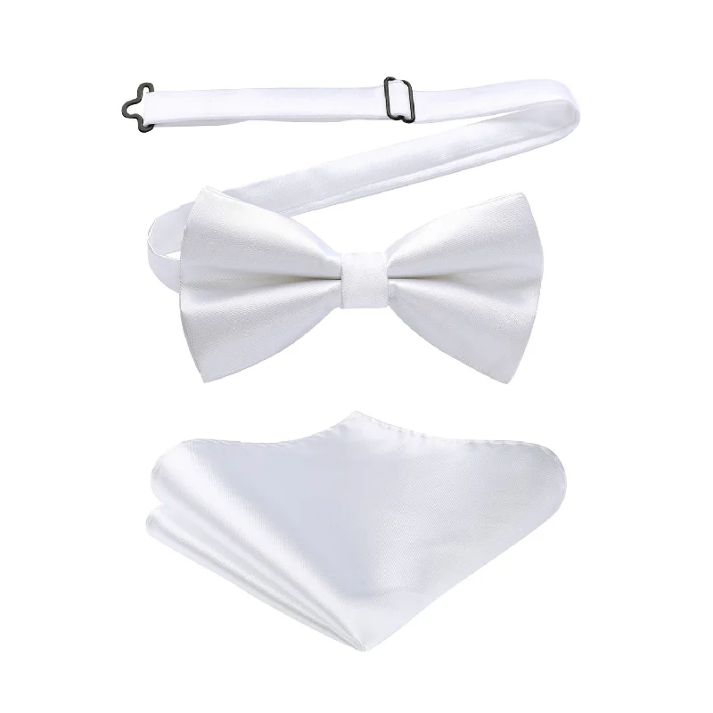 Classic men's tie with diamond pattern-Solid Pre-Tied Bow Tie & Pocket Square - WHITE