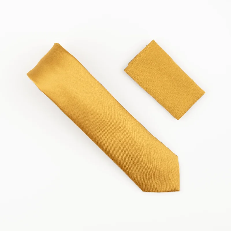 Men's tie with modern fabric for a luxurious feel-Gold Satin Finish Silk Necktie with Matching Pocket Square