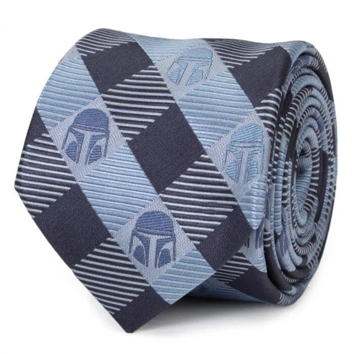 Men's tie for trendy office looks-Star Wars Mando Helmet Check Blue Men's Tie