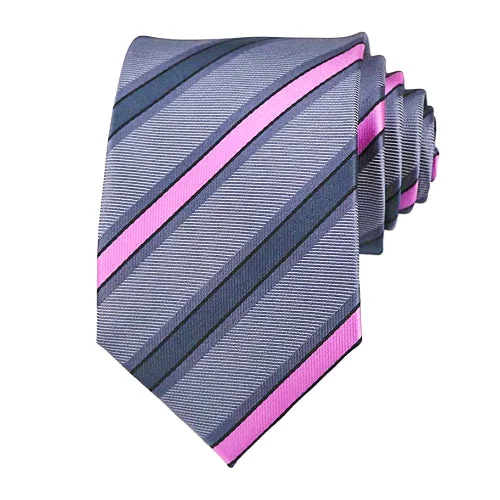 Designer tie with geometric shapes for work-Classy Men Grey Pink Striped Silk Tie