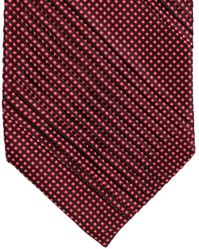 Best tie for men with geometric prints-Stefano Ricci Pleated Silk Tie Black Red Silver Micro Pattern Design