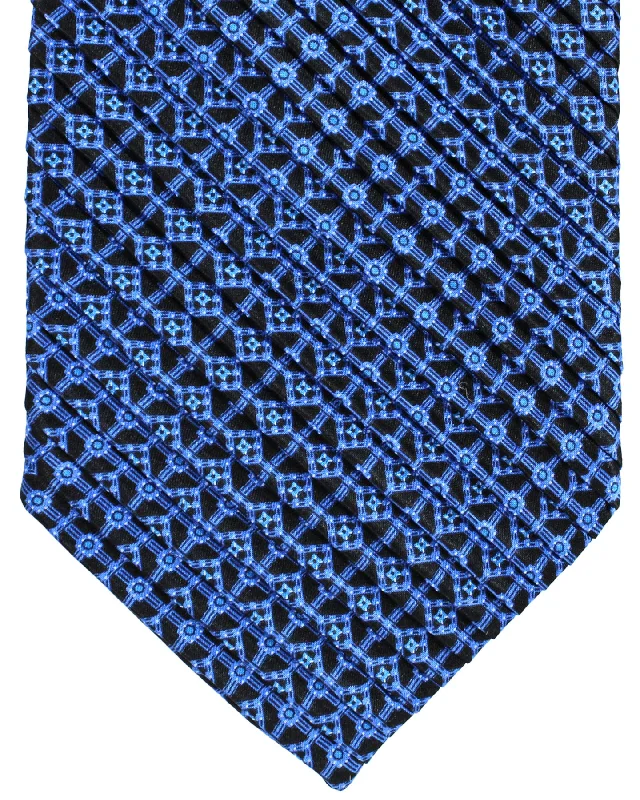 Men's tie with contrasting color blocks-Stefano Ricci Pleated Silk Tie Black Royal Blue Geometric Design