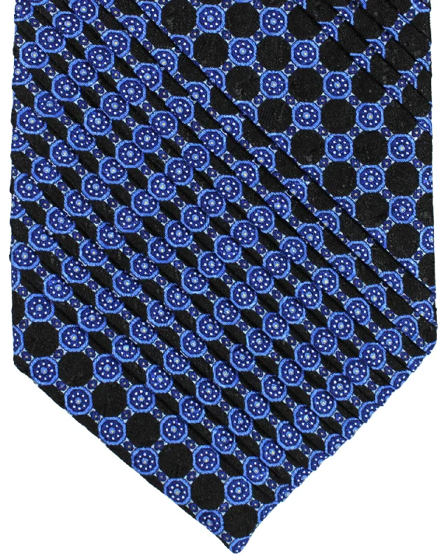 Men's tie with sleek satin texture-Stefano Ricci Pleated Silk Tie Black Royal Blue Medallions Design