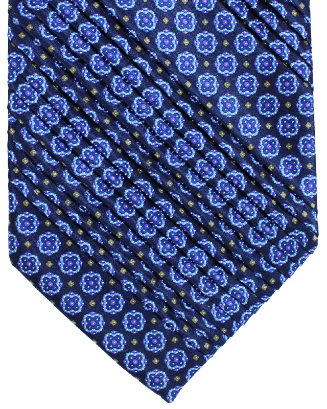 Trendy men's tie with fine stripes-Stefano Ricci Pleated Silk Tie Dark Blue Purple Medallions Design