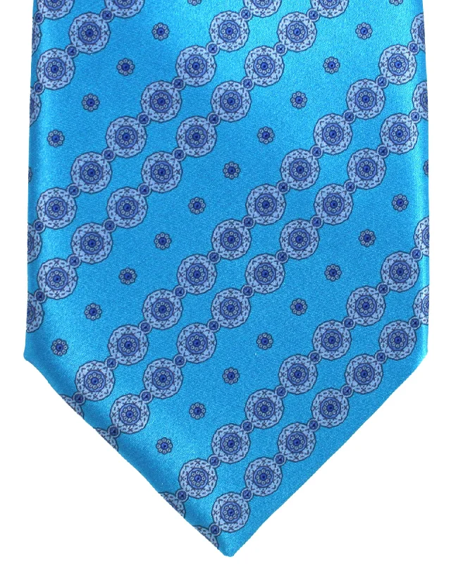 Men's silk tie for upscale dinners-Stefano Ricci Silk Tie Aqua Stripes Medallions