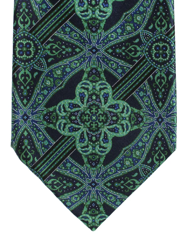 Best tie for men's professional look-Stefano Ricci Silk Tie Dark Green Silver Stripes Medallions