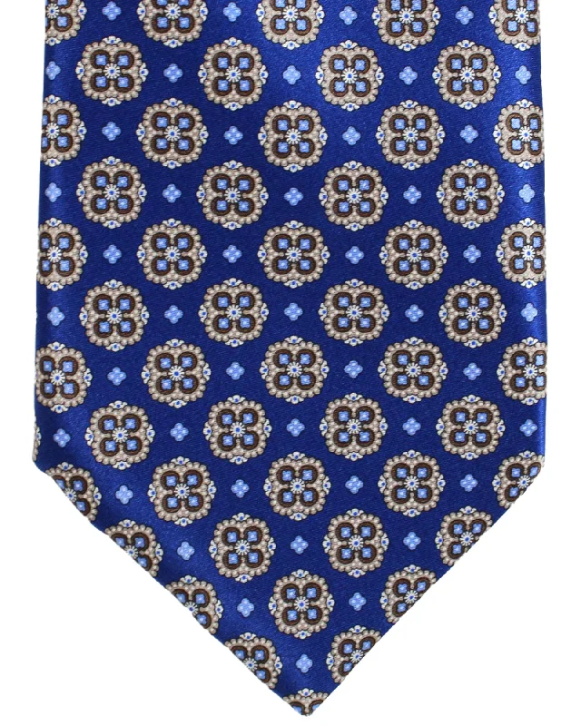 Men's slim tie for business casual look-Stefano Ricci Silk Tie Royal Blue Brown Medallions