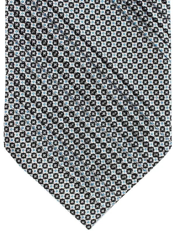 Stylish men's tie with subtle plaid pattern-Stefano Ricci Tie White-Silver Black Blue Geometric - Pleated Silk Necktie SALE