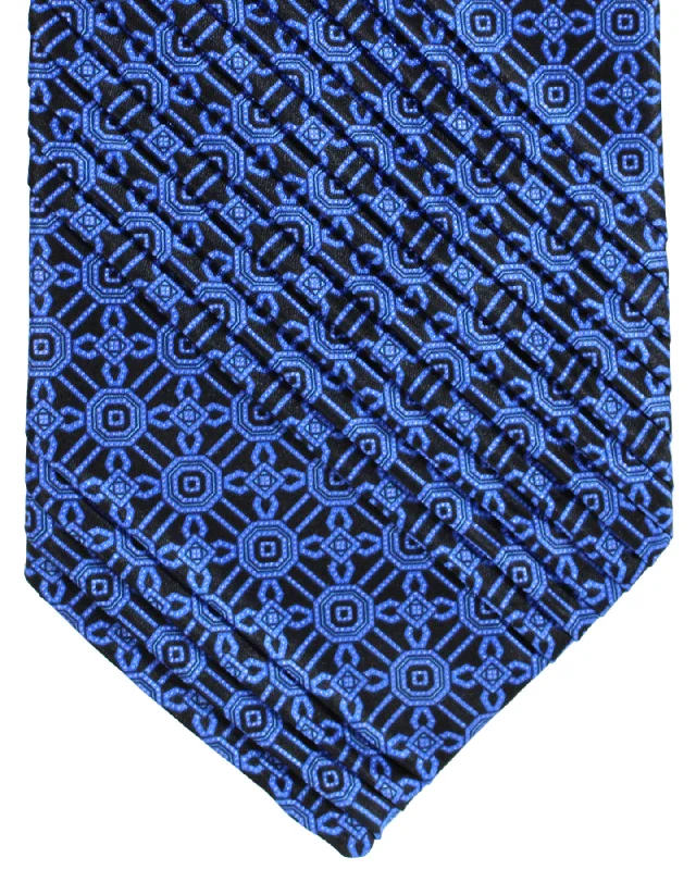 Men's tie with delicate embroidery-Stefano Ricci Tie Black Royal Blue Geometric - Pleated Silk