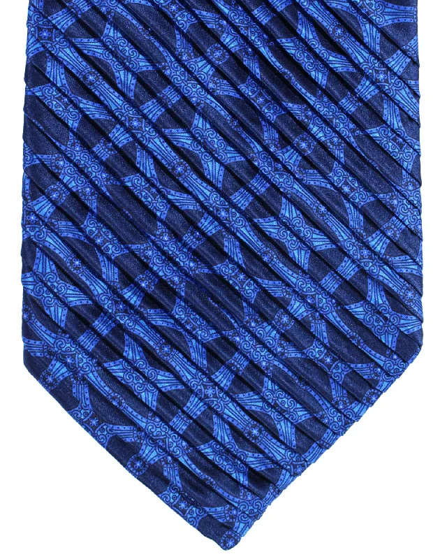 Men's tie with sleek satin texture-Stefano Ricci Tie Royal Blue Navy Medallions - Pleated Silk