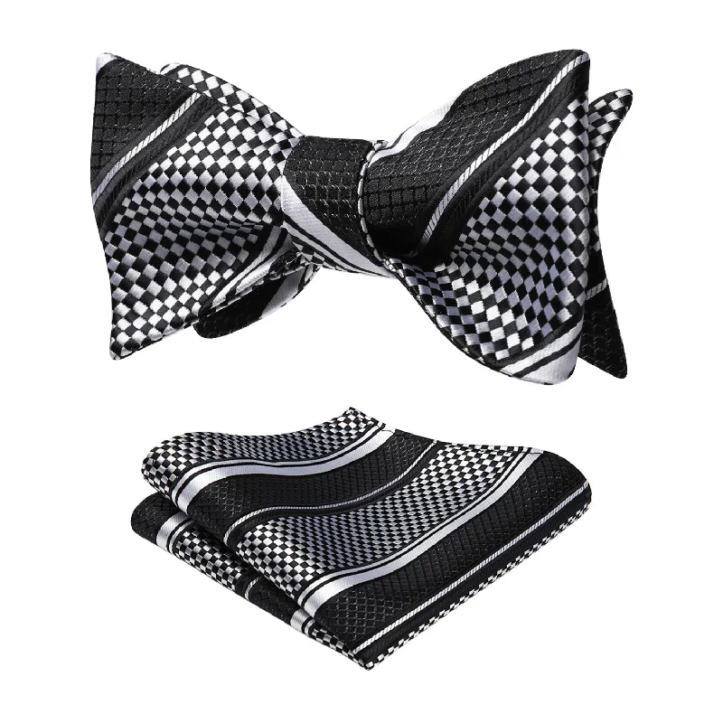 Classic men's tie with elegant colors for work-Stripe Bow Tie & Pocket Square - 01-BLACK/WHITE