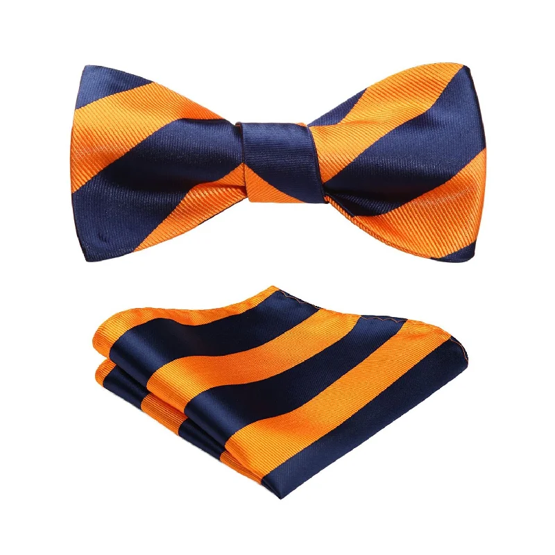 Men's tie with floral print for casual events-Stripe Bow Tie & Pocket Square - 03-NAVY BLUE/ORANGE