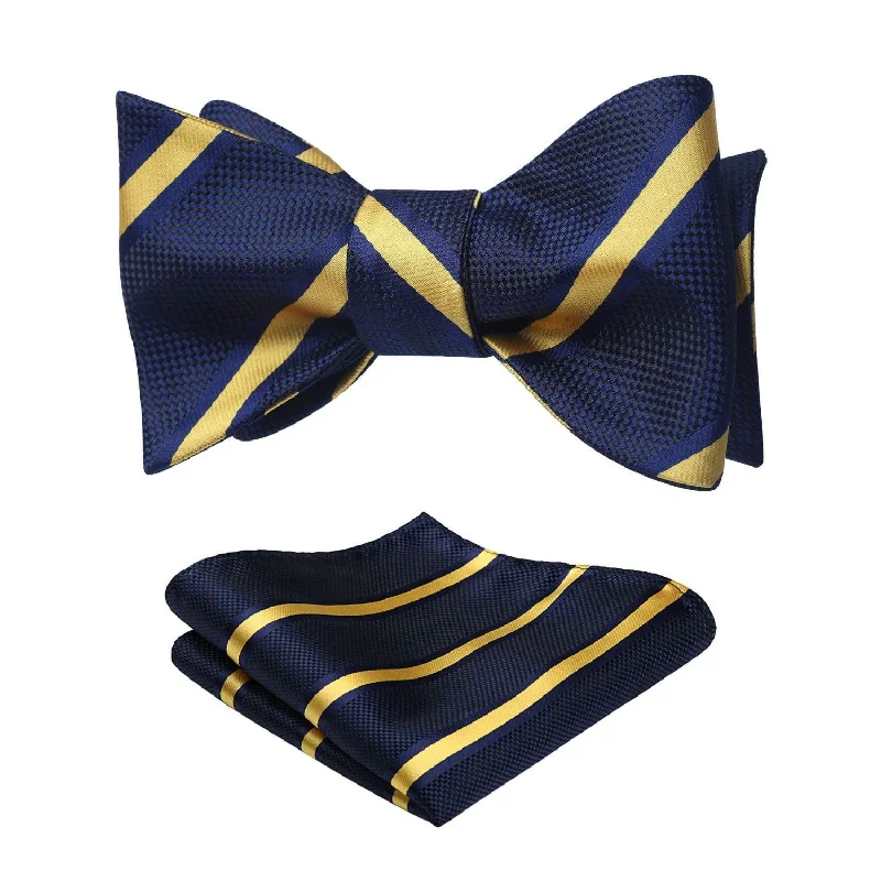 Men's tie with sleek satin texture-Stripe Bow Tie & Pocket Square - B-NAVY BLUE/YELLOW