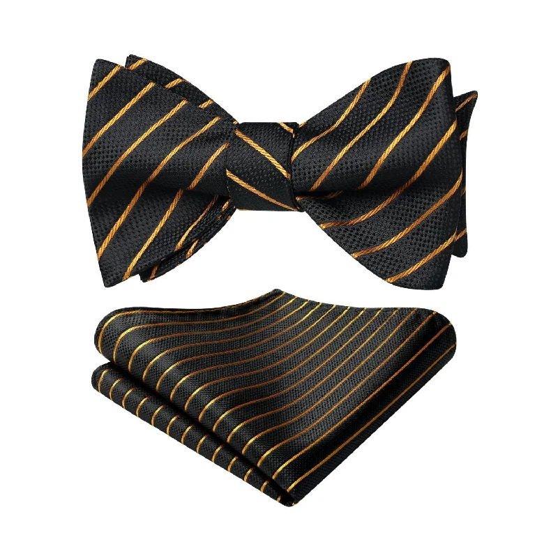 Men's tie with intricate checks for business wear-Stripe Bow Tie & Pocket Square - BLACK GOLD