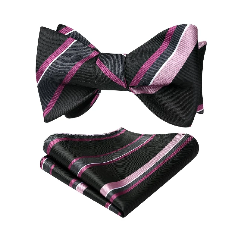 Men's tie with luxurious silk for a smooth finish-Stripe Bow Tie & Pocket Square - BLACK PINK