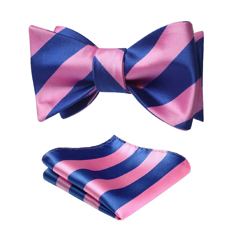 Men's tie for an elegant birthday celebration-Stripe Bow Tie & Pocket Square - D-PINK/BLUE