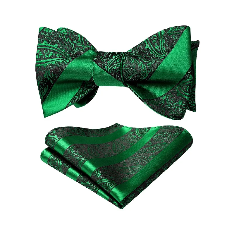 Men's tie with bold herringbone pattern-Stripe Bow Tie & Pocket Square - GREEN