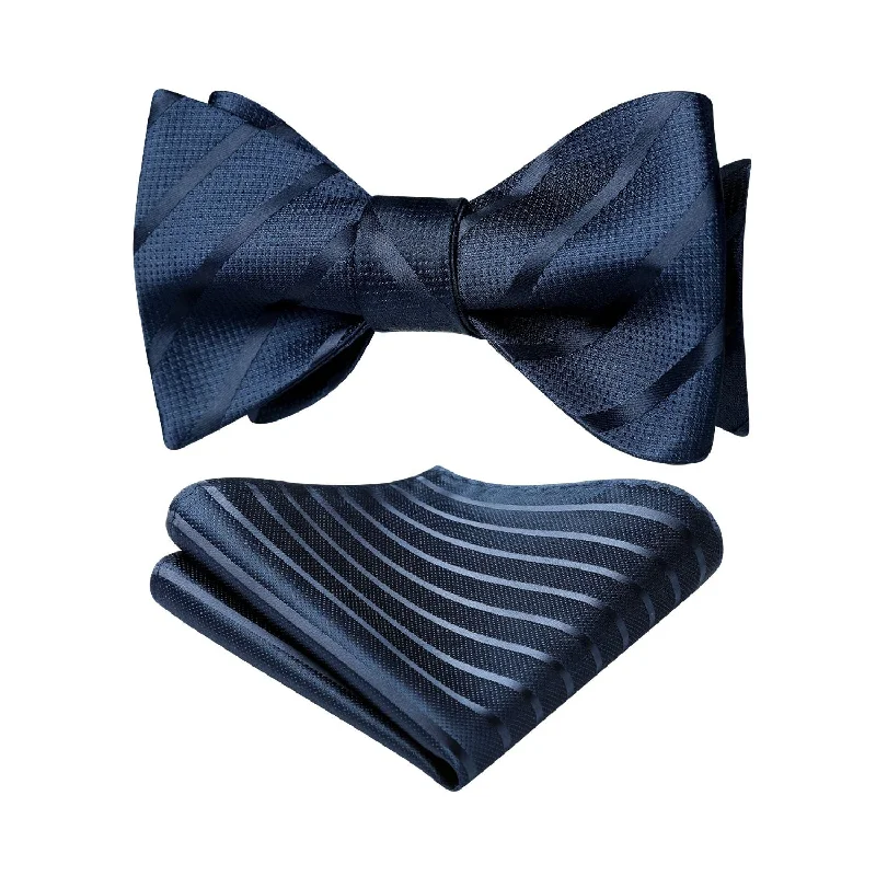 Best men's tie for casual work meetings-Stripe Bow Tie & Pocket Square - NAVY BLUE