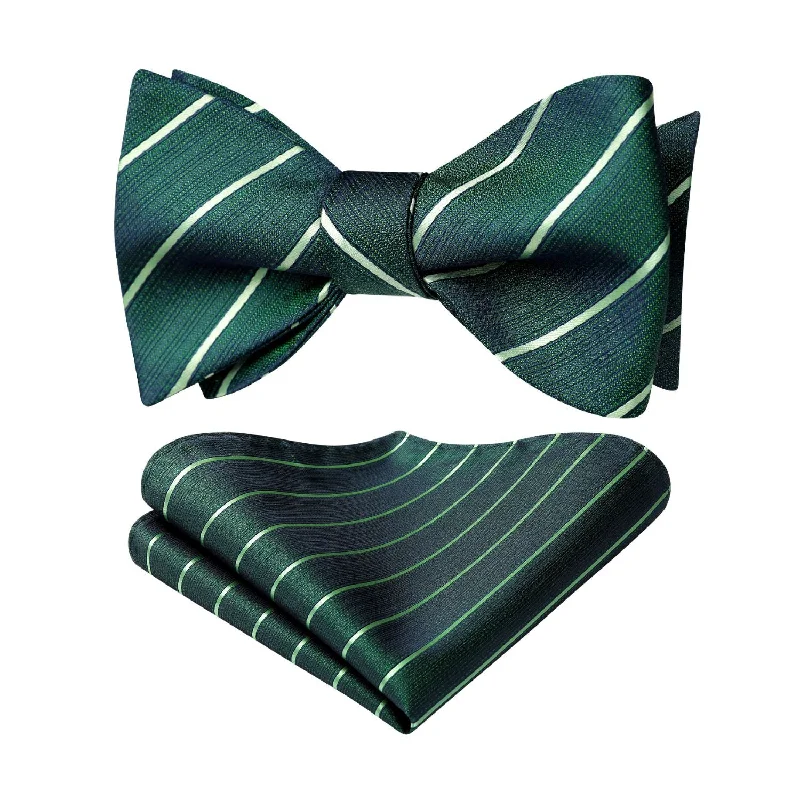 Men's tie for elegant outdoor events-Stripe Bow Tie & Pocket Square - NAVY GREEN 1