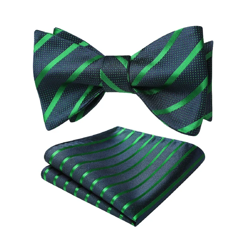 Stylish men's tie with striped patterns for office wear-Stripe Bow Tie & Pocket Square - NAVY GREEN